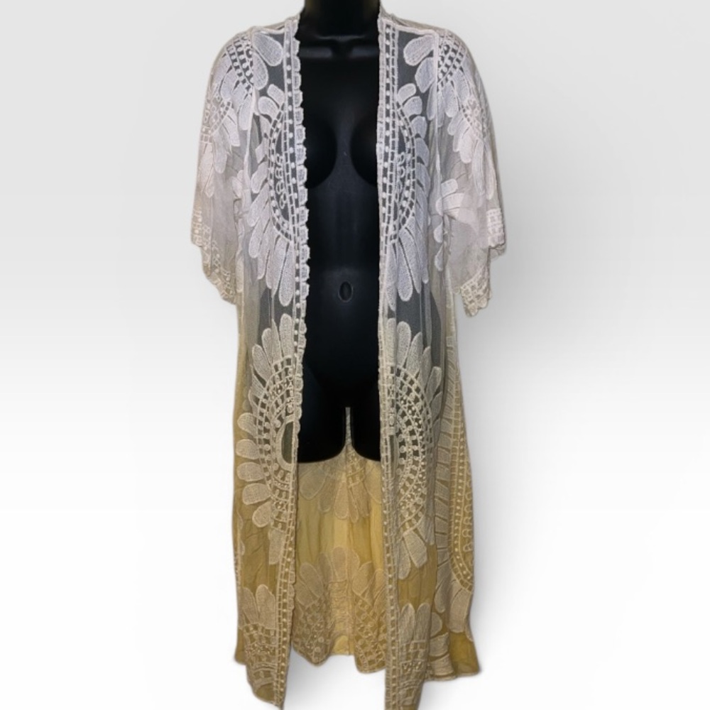 Yellow Lace Duster White Sheer Ombre Flowy Boho Fairy Cottagecore Kimono Size L - Picture 3 of 11